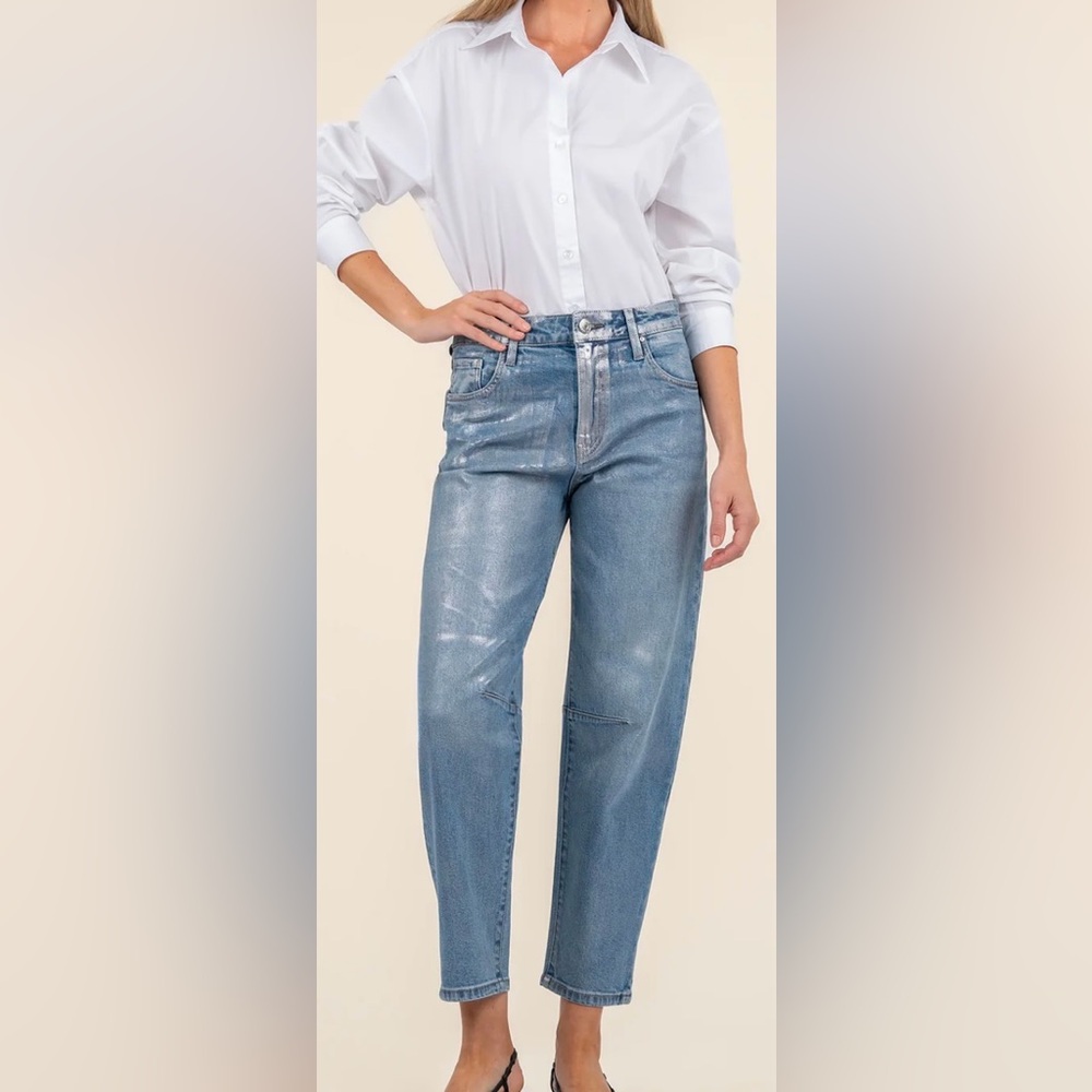 NWT Kut from the Kloth Ashley Silver Foil High Rise Barrel Leg size 6